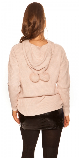 Warmer Kapuzen-Pullover mit modischen PomPoms - cappuccino