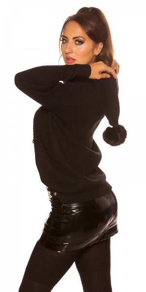 Warmer Kapuzen-Pullover mit modischen PomPoms - schwarz