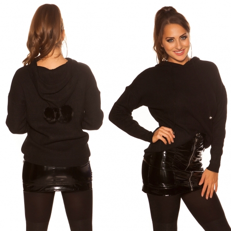 Warmer Kapuzen-Pullover mit modischen PomPoms - schwarz