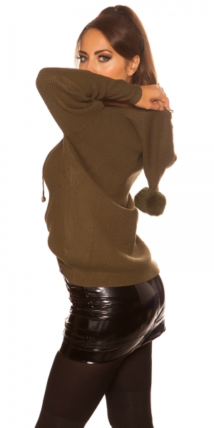 Warmer Kapuzen-Pullover mit modischen PomPoms - khaki
