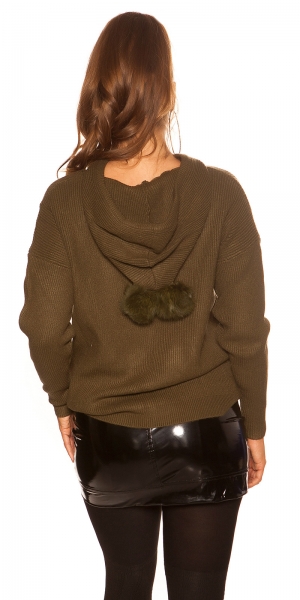 Warmer Kapuzen-Pullover mit modischen PomPoms - khaki