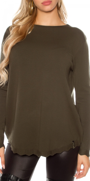 Feinstrick-Pullover mit gewellten Abschlussbund - grün