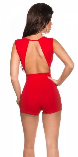 Rückenfreier Hotpants Overall mit Schmuckschnalle in rot