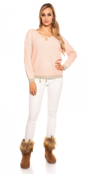 Modischer Grobstrickpullover mit Lurex-Bündchen - lachs