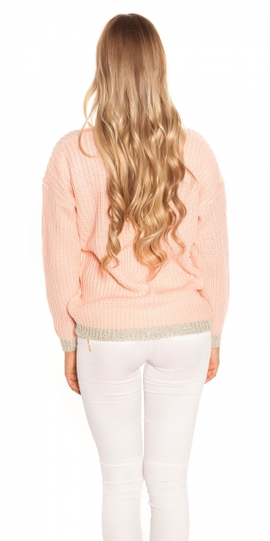 Modischer Grobstrickpullover mit Lurex-Bündchen - lachs