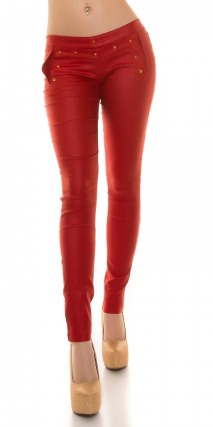Wetlook-Treggings mit Nieten und Schnürung in rot