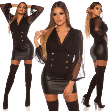 Elegantes Langarmshirt mit Tüll-Verzierung - schwarz