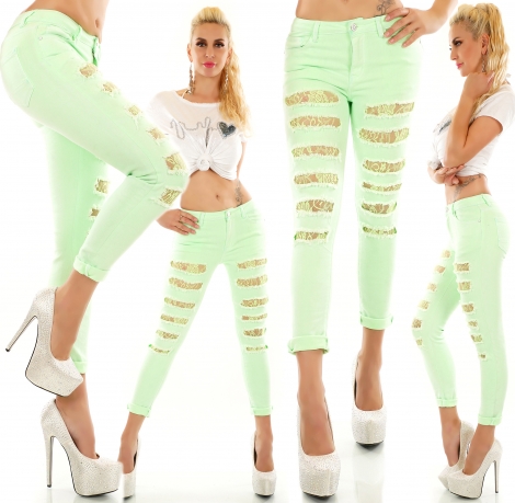 Sommerliche Röhrenjeans im Destroyed-Look - neongrün