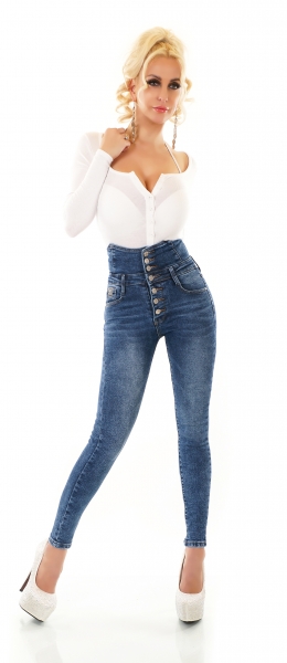 High Waist Jeans im Corsagen-Look mit XXL Knopfleiste - stone washed