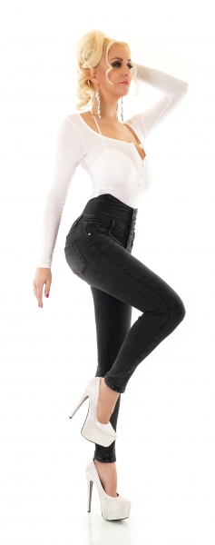High Waist Jeans im Corsagen-Look mit XXL Knopfleiste - vintage black