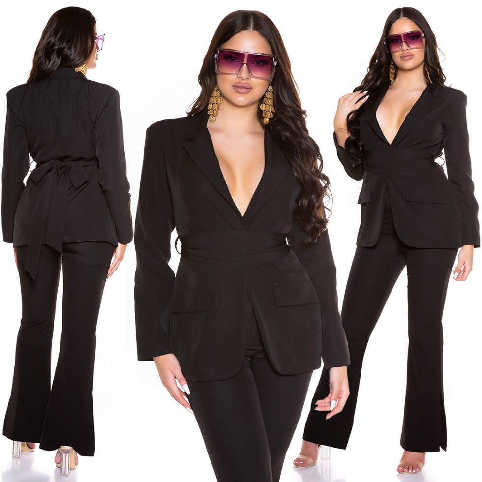 Elegante Blazer-Jacke mit Bindegürtel in schwarz