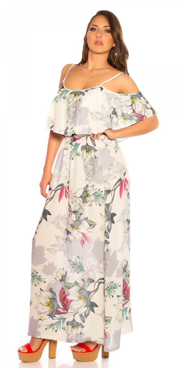 Blümchen Maxi-Kleid mit Volant-Verzierung - cremé