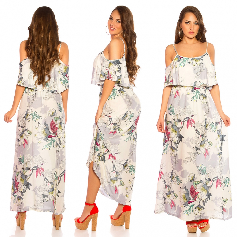 Blümchen Maxi-Kleid mit Volant-Verzierung - cremé