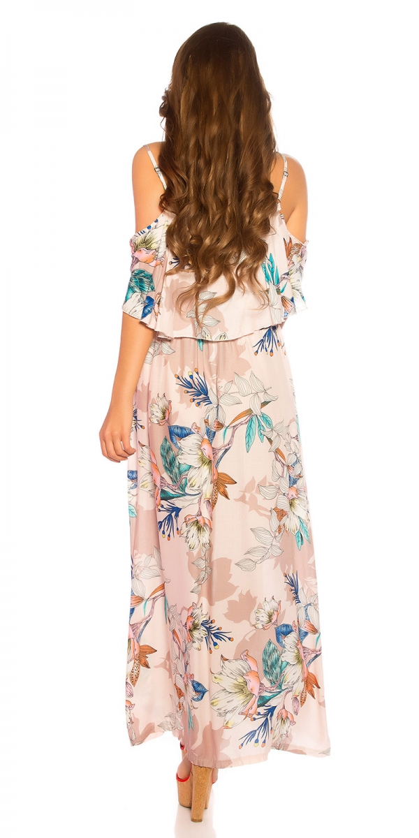 Blümchen Maxi-Kleid mit Volant-Verzierung - rosa