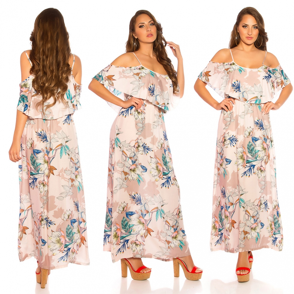 Blümchen Maxi-Kleid mit Volant-Verzierung - rosa