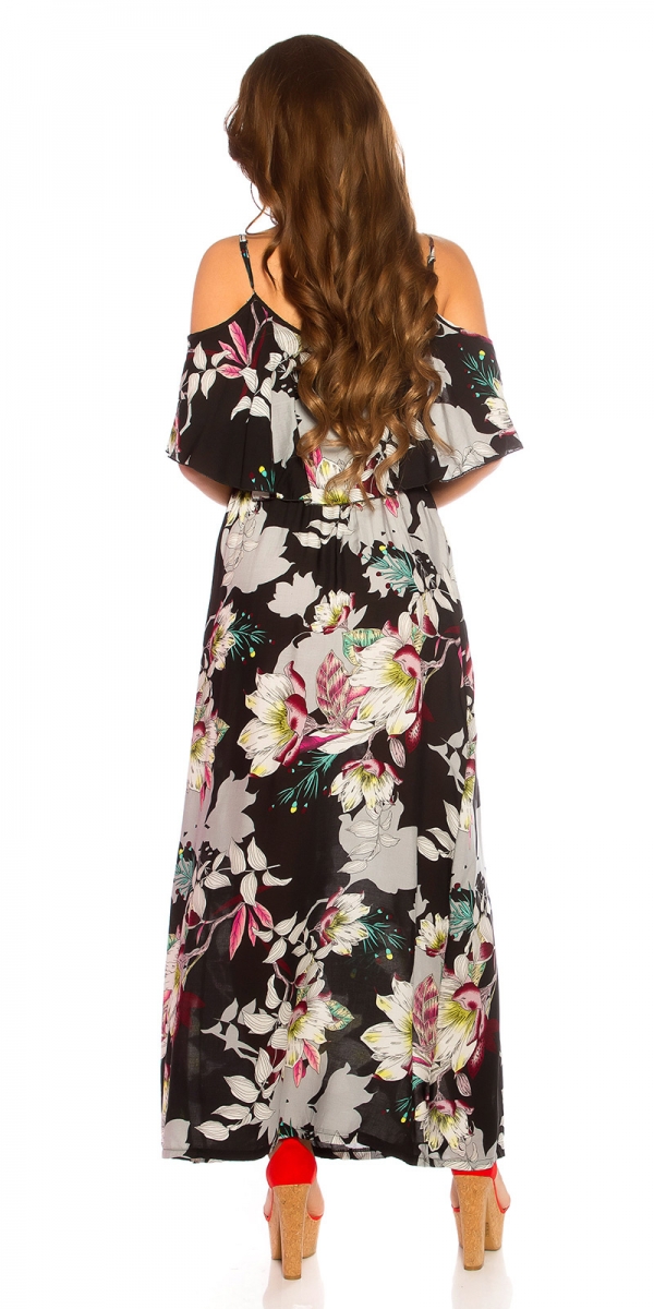 Blümchen Maxi-Kleid mit Volant-Verzierung - schwarz