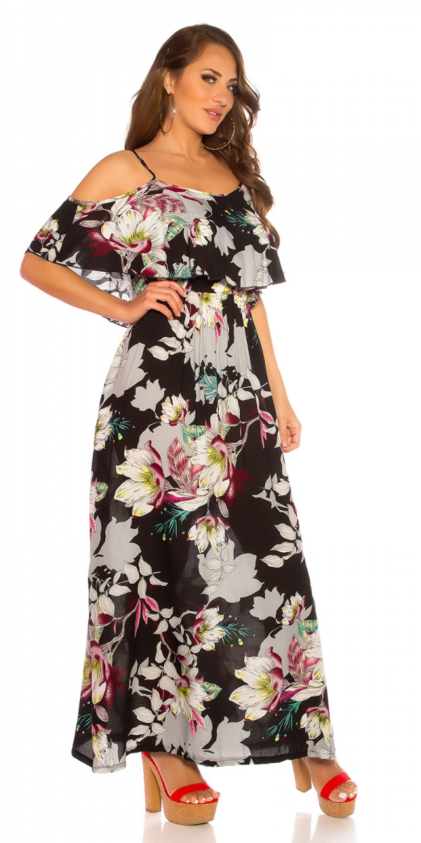 Blümchen Maxi-Kleid mit Volant-Verzierung - schwarz
