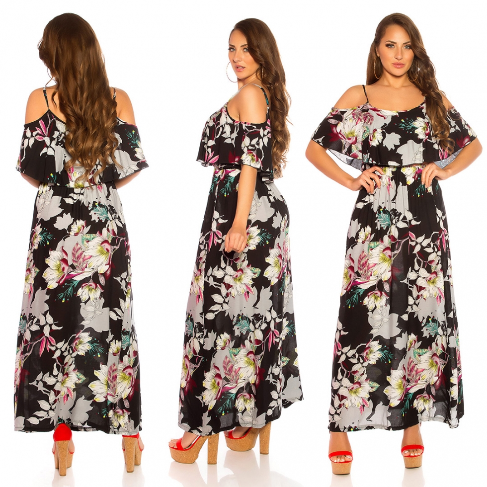 Blümchen Maxi-Kleid mit Volant-Verzierung - schwarz