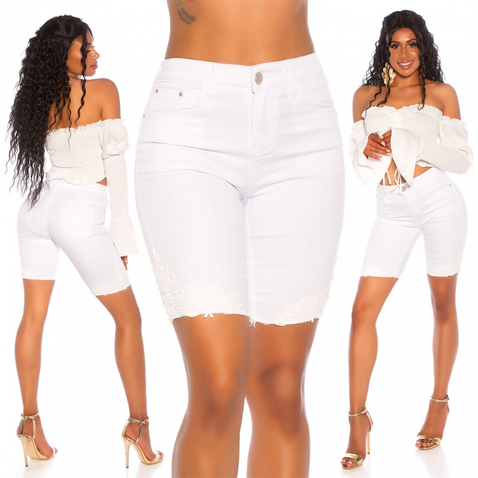 High Waist Capri-Jeans mit Spitzen-Verzierung - weiß