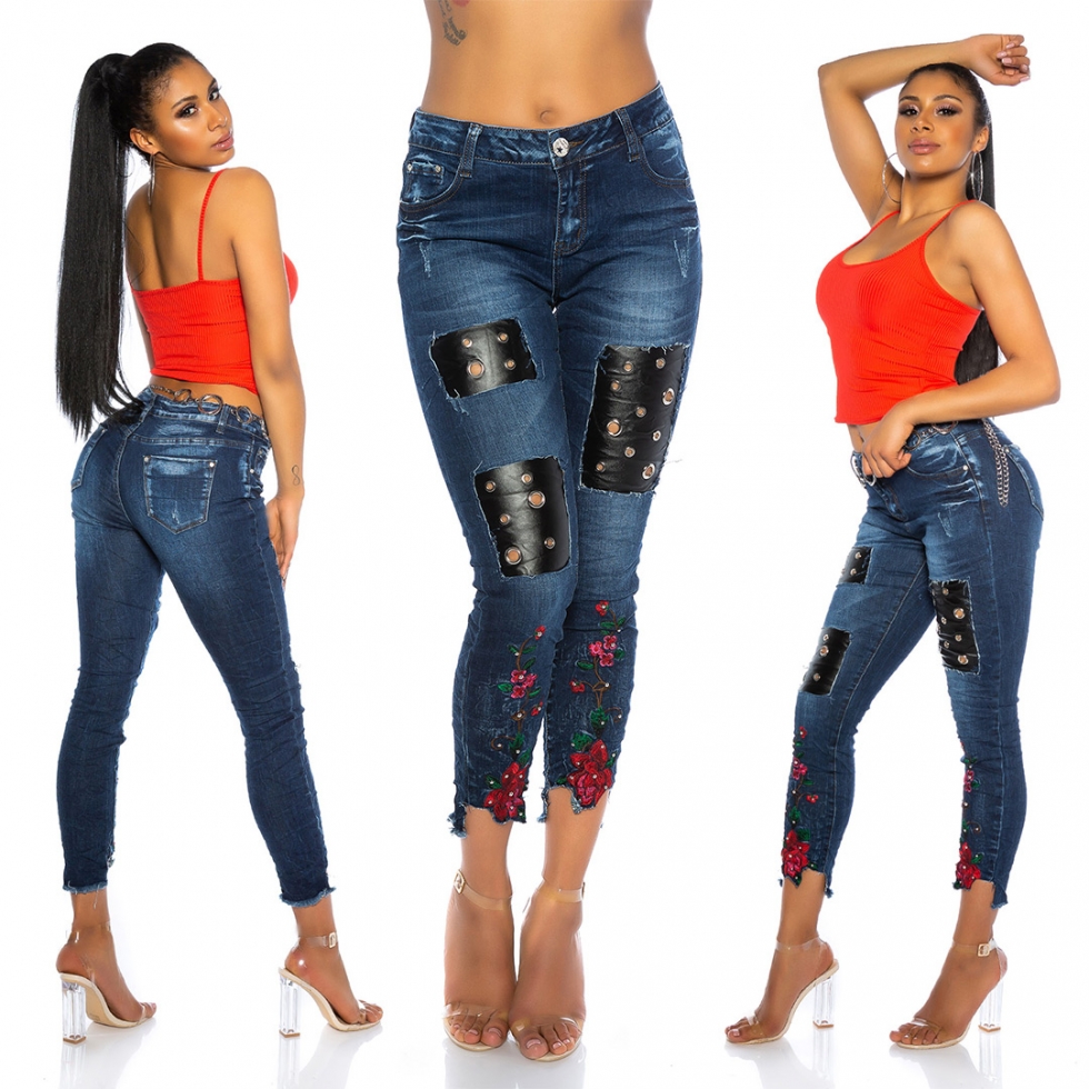 Sexy Skinny-Jeans mit Leder-Patches und Blumen-Stickerei - dark blue