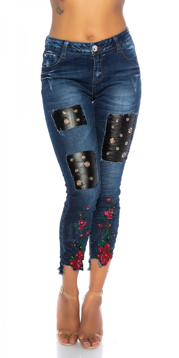 Sexy Skinny-Jeans mit Leder-Patches und Blumen-Stickerei - dark blue