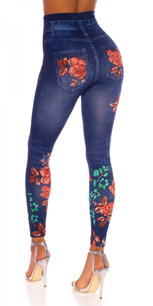 High Waist Leggings in Jeans-Optik mit Blüten-Prints - blue washed