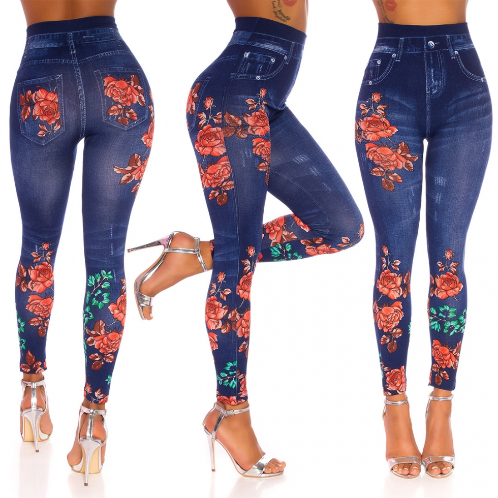 High Waist Leggings in Jeans-Optik mit Blüten-Prints - blue washed