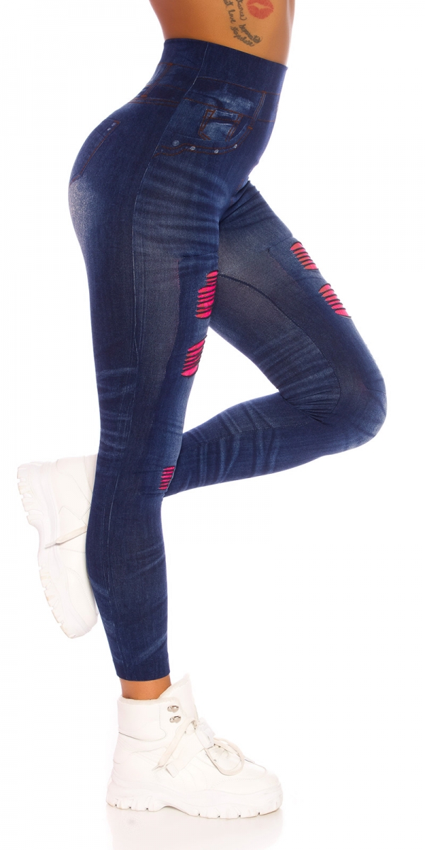 High Waist Leggings mit Spitzen-Cutouts - blau/pink