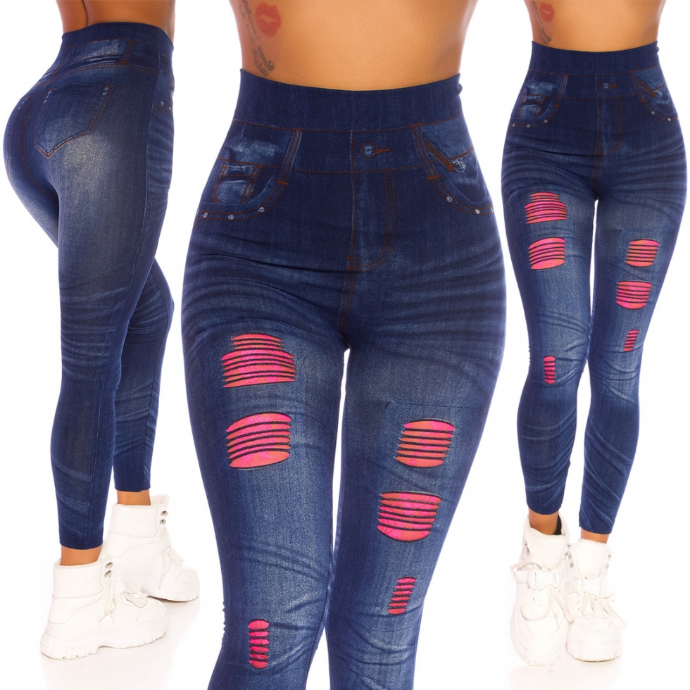 High Waist Leggings mit Spitzen-Cutouts - blau/pink