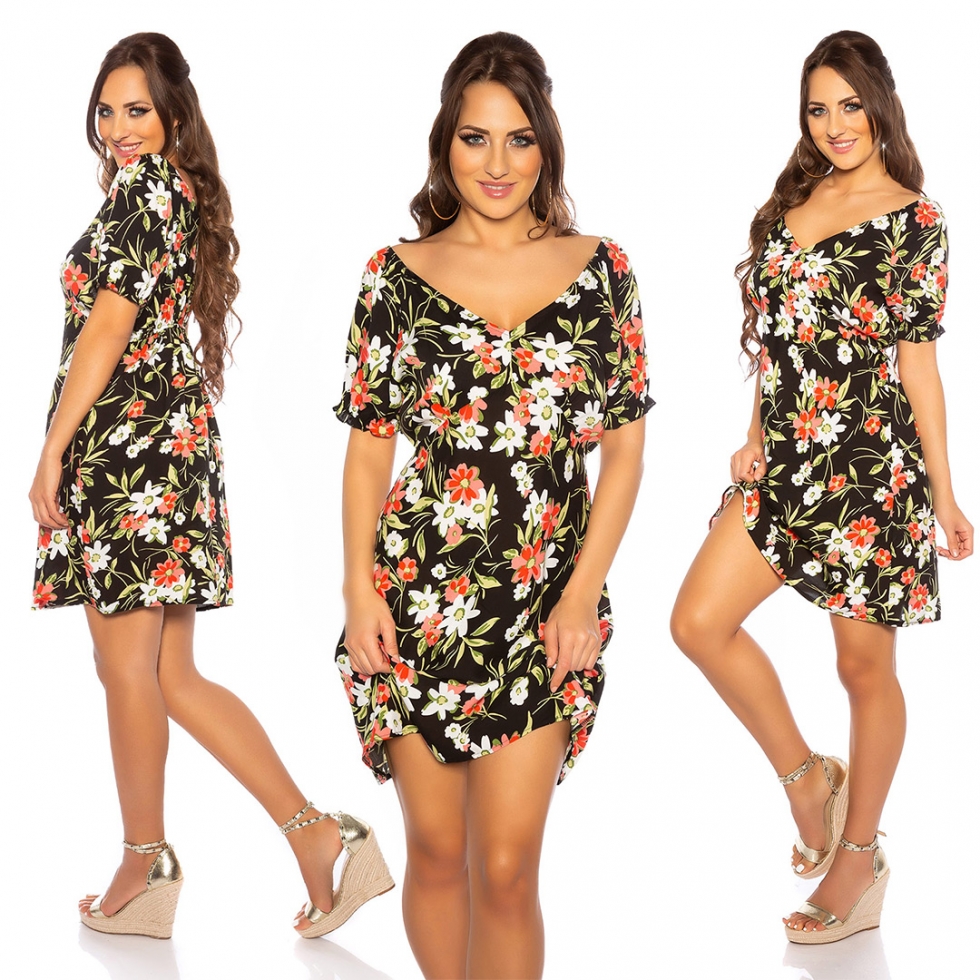 Blümchen Minikleid mit V-Ausschnitt - schwarz