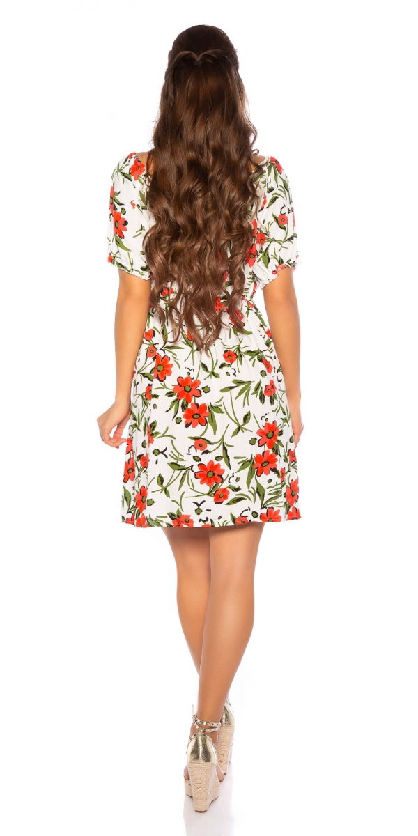 Blümchen Minikleid mit V-Ausschnitt - weiß