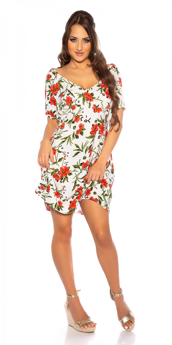 Blümchen Minikleid mit V-Ausschnitt - weiß