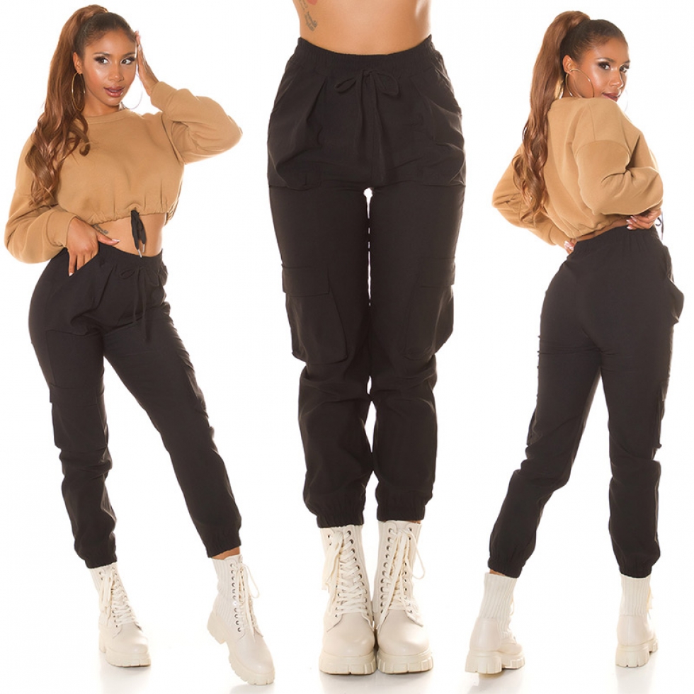 High Waist Hose im modischen Cargo-Look - schwarz