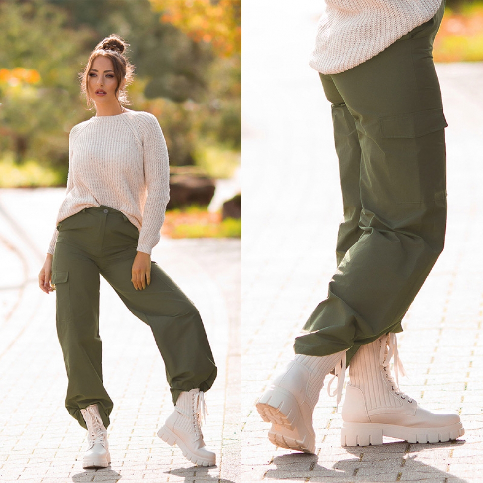 Moderne High Waist Hose im Cargo-Look - khaki