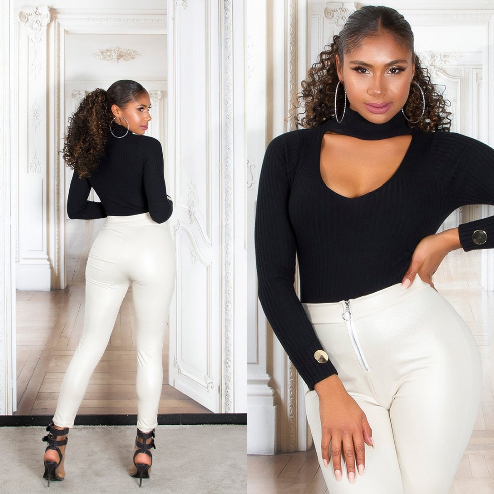 Thermo High Waist Wetlook Hose mit Zipper in beige