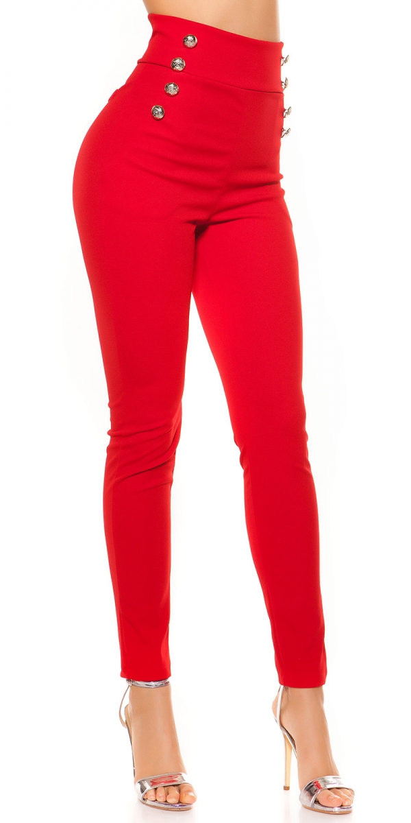 Elegante High Waist Hose  mit Zierknopf-Leiste - rot