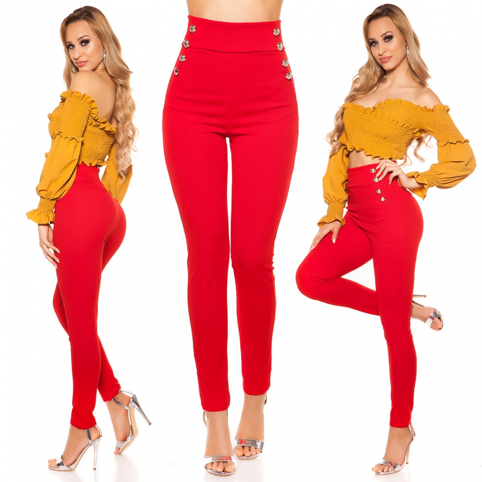 Elegante High Waist Hose  mit Zierknopf-Leiste - rot