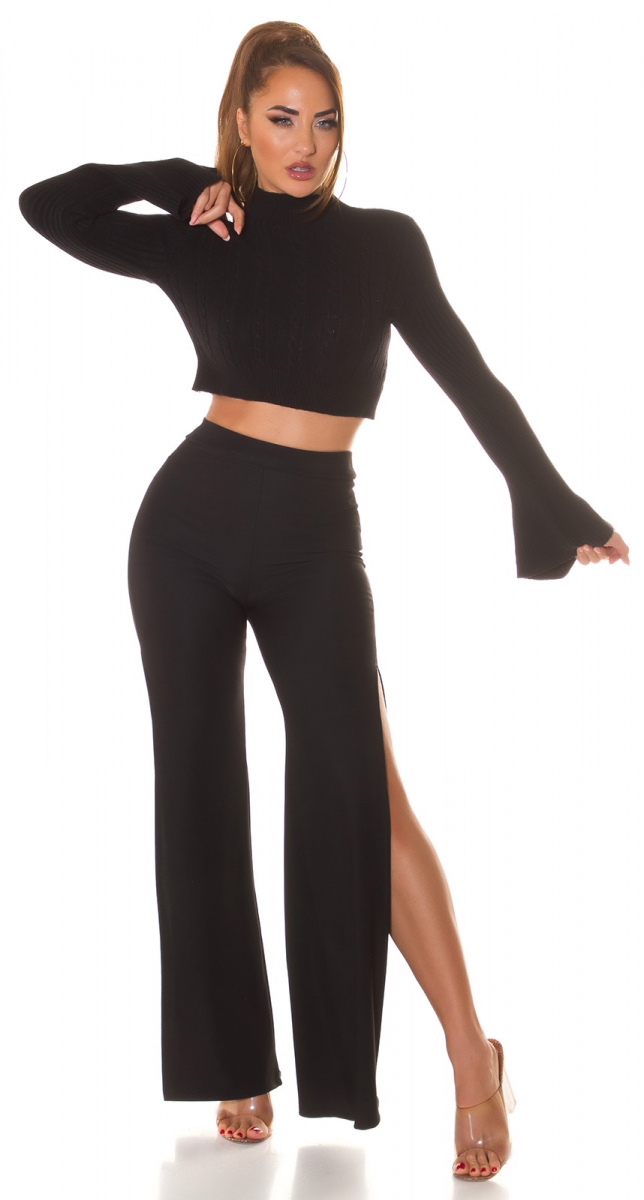 High Waist Schlag Hose mit sexy hohen Schlitz - schwarz