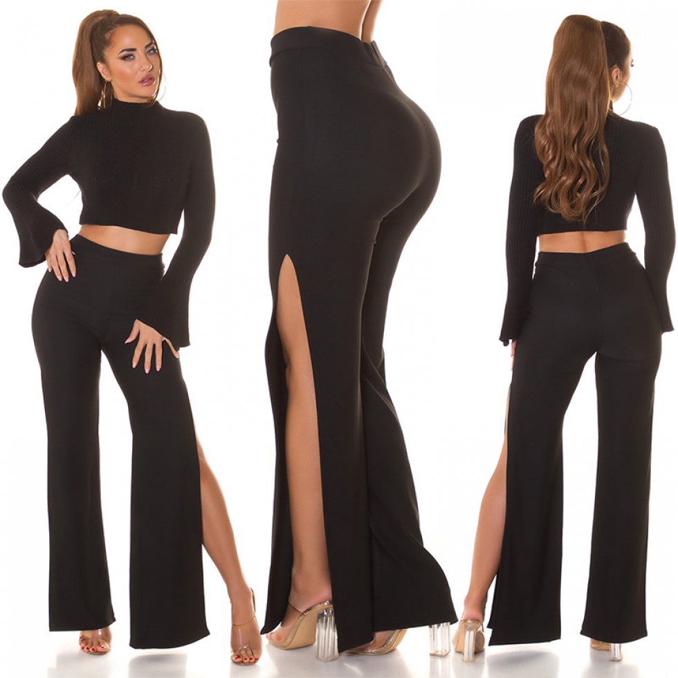 High Waist Schlag Hose mit sexy hohen Schlitz - schwarz