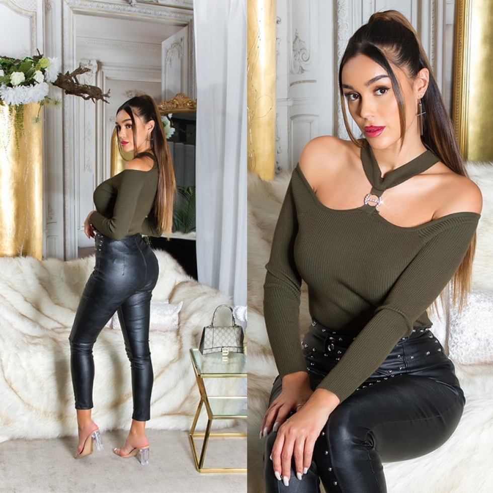 Schulterfreier Strick-Pulli mit Strassverzierung - khaki