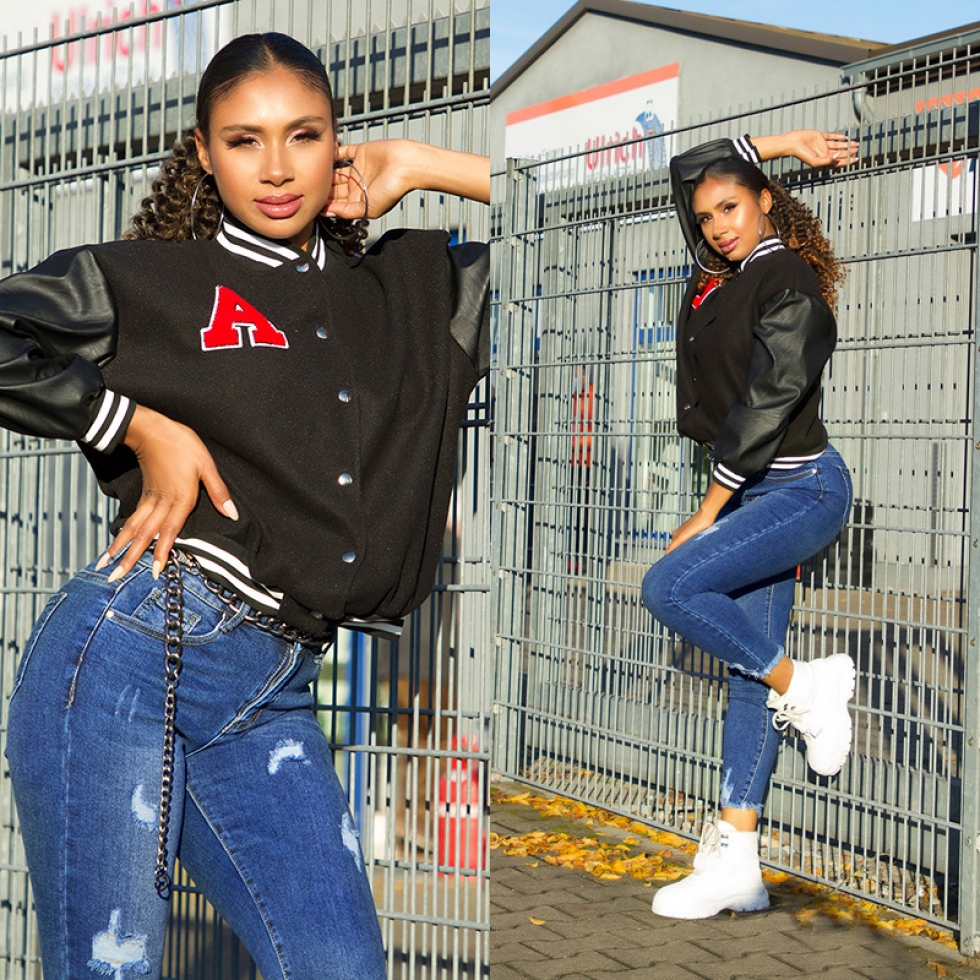 College-Jacke im Kunstleder-Look - schwarz