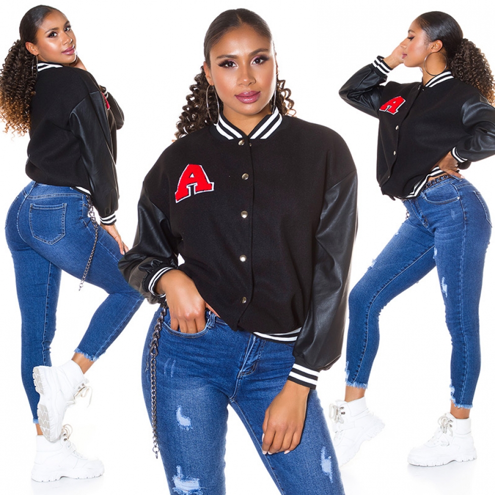 College-Jacke im Kunstleder-Look - schwarz