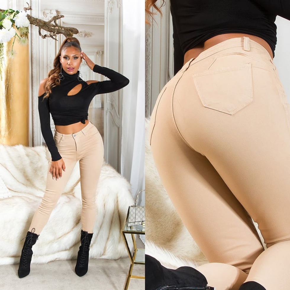 High Waist Push Up Skinny Jeans - beige
