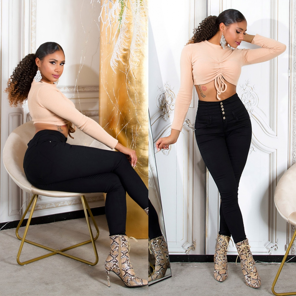Sexy figurbetonte High Waist Jeans mit aufgesetzter Knopfleiste - schwarz