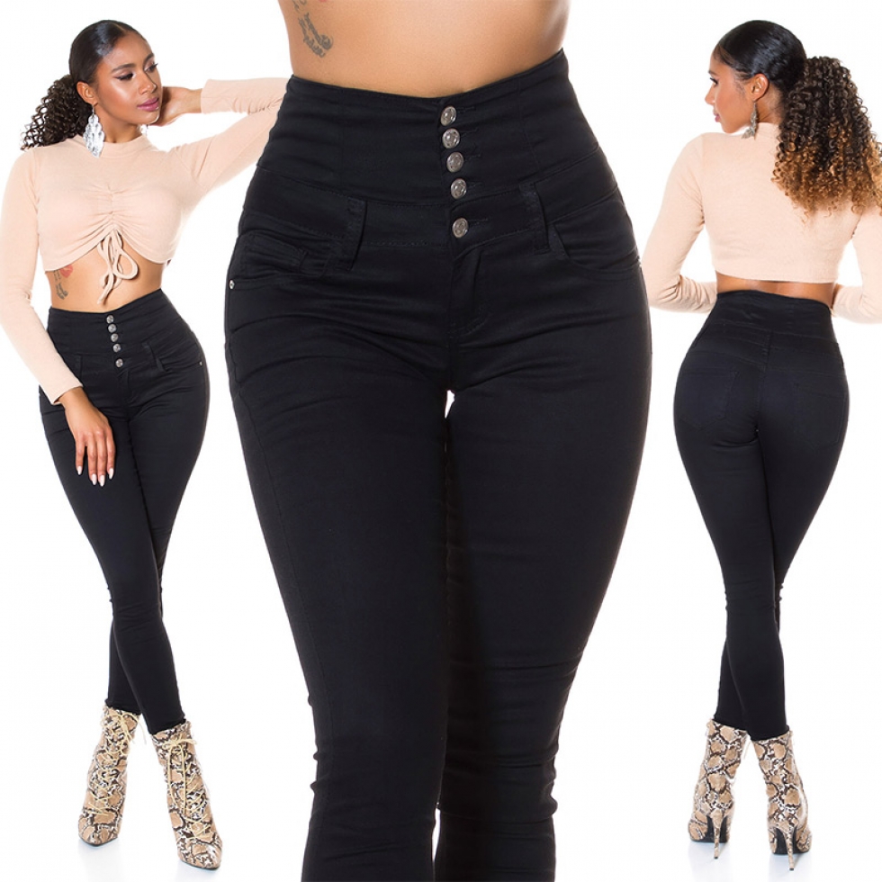 Sexy figurbetonte High Waist Jeans mit aufgesetzter Knopfleiste - schwarz