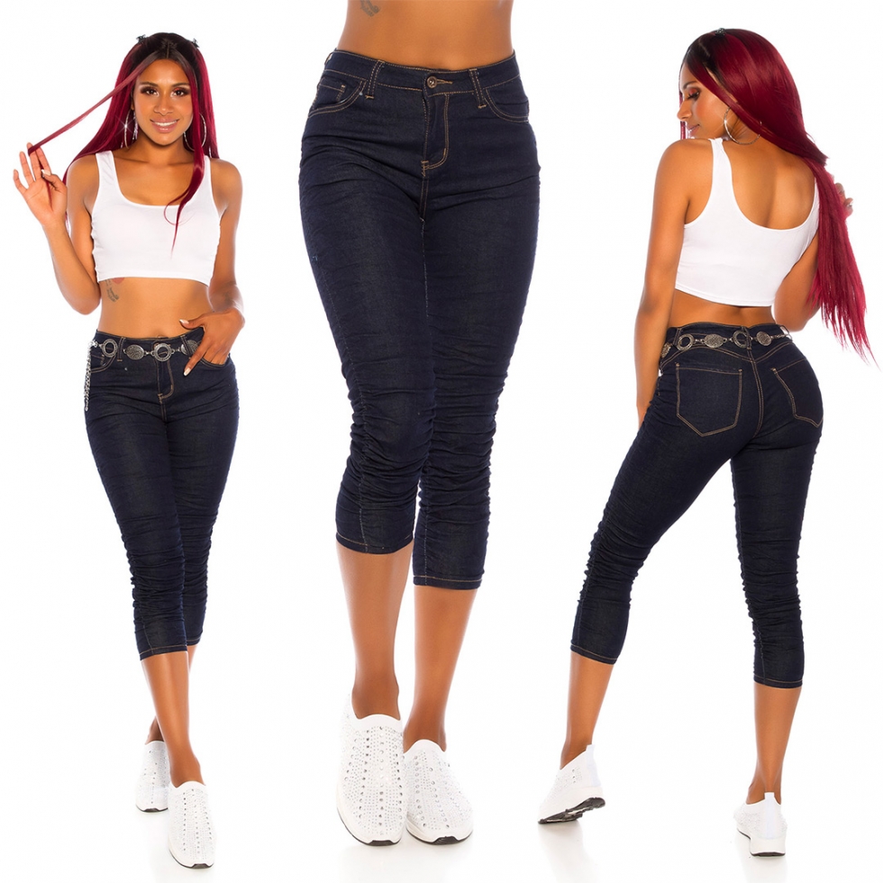 Capri Stretch-Jeans mit modischen Raffungen - dark blue