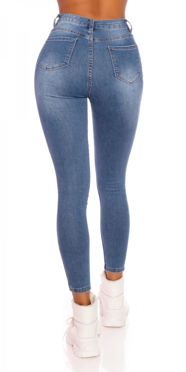 High Waist-Jeans mit diagonalier Knopfleiste in blue washed