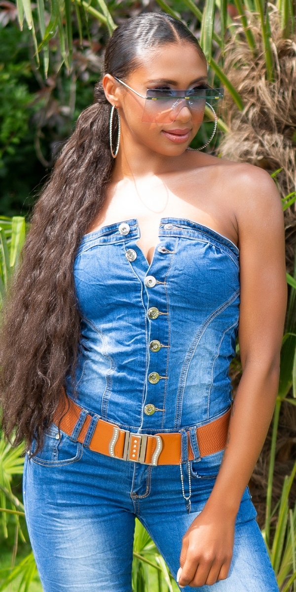Sexy Bandeau-Jeansoverall mit Gürtel - blue washed