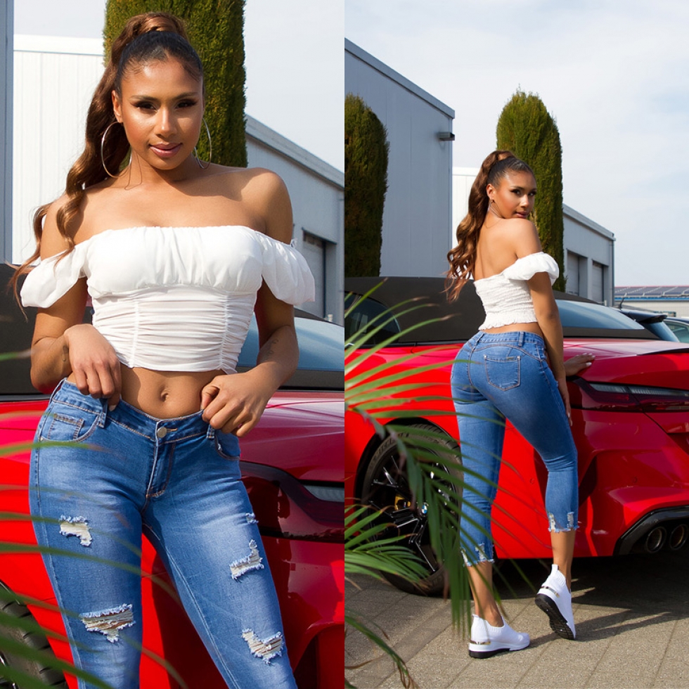 Sexy 7/8 Low Waist Used Jeans mit Push-Up Effekt - blue washed