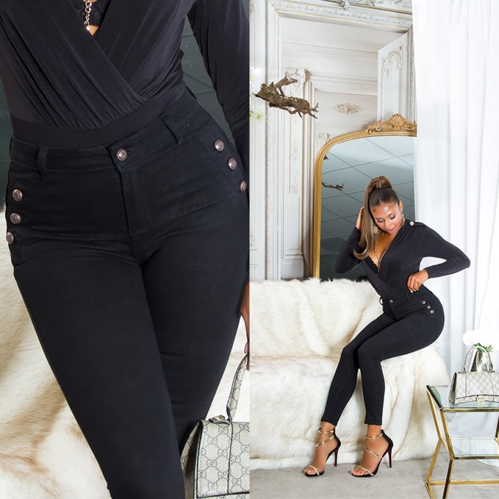 High Waist Push Up Jeans mit Zierknöpfen - schwarz